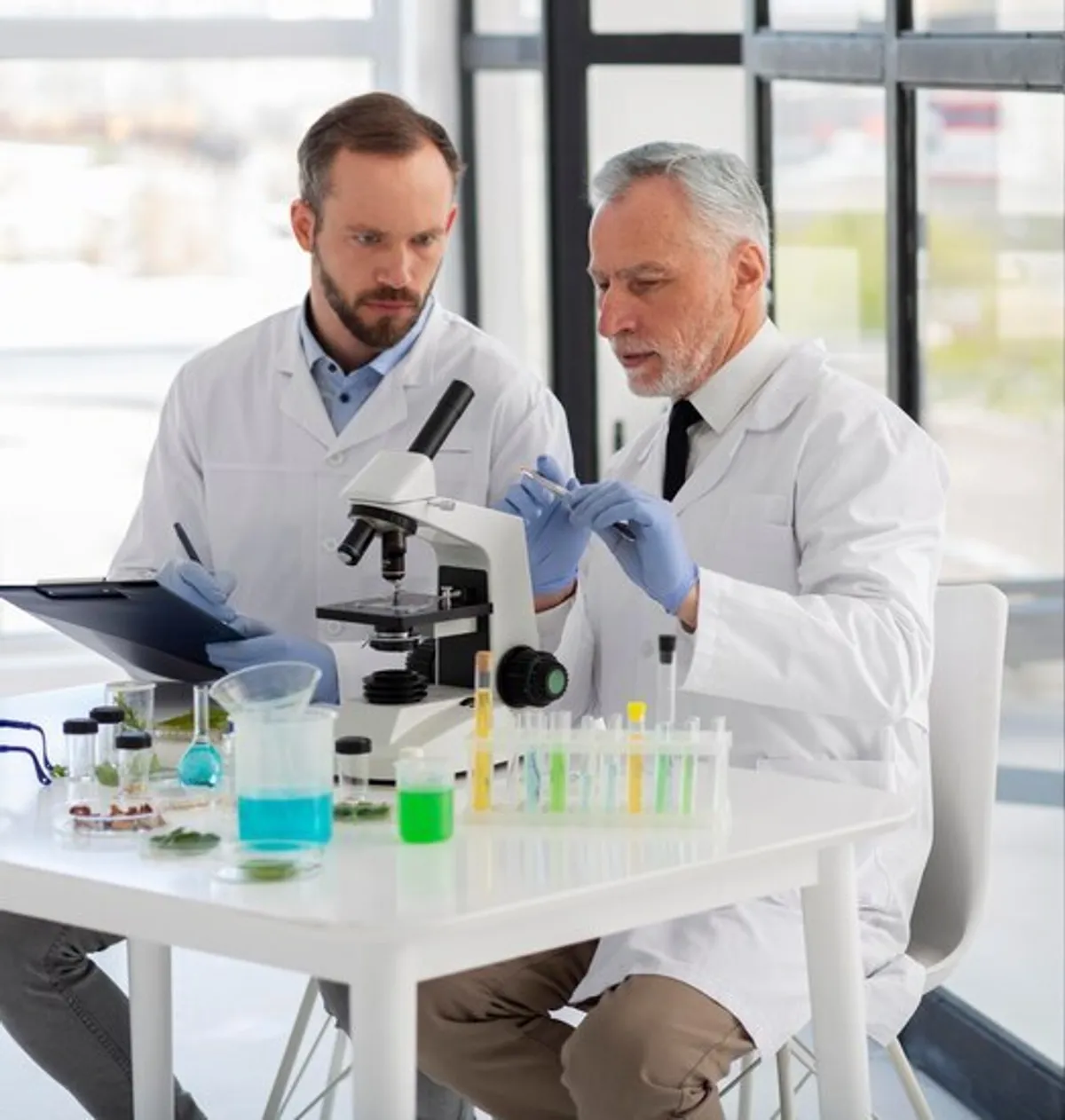 Experts checking microscope.